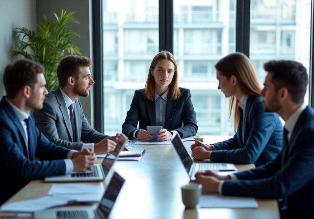 Équipe de consultants en pleine réunion stratégique autour d'une table.